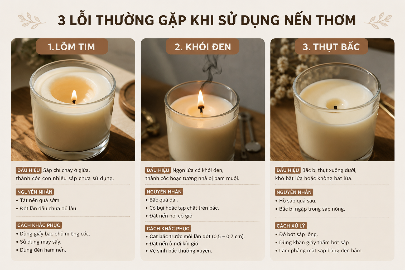 3 lỗi thường gặp: lõm tim, khói đen, thụt bấc