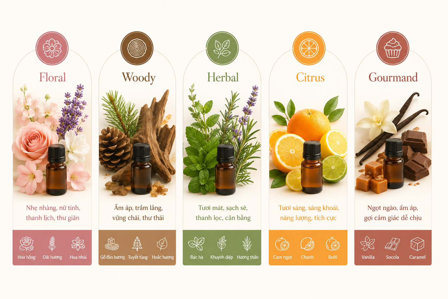 Các nhóm hương phổ biến trong Aromatherapy gồm floral woody herbal citrus và gourmand