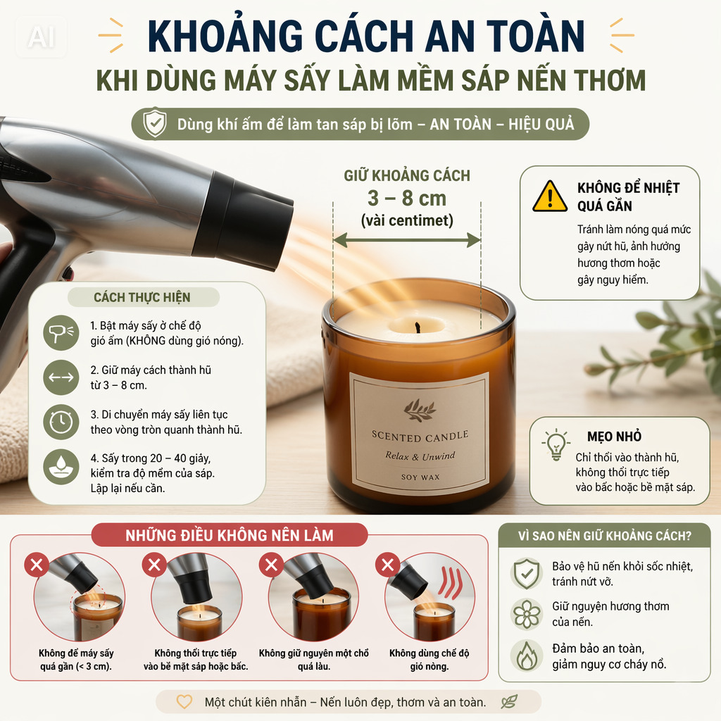 khắc phục nến thụt bấc, lõm tim bằng máy sấy