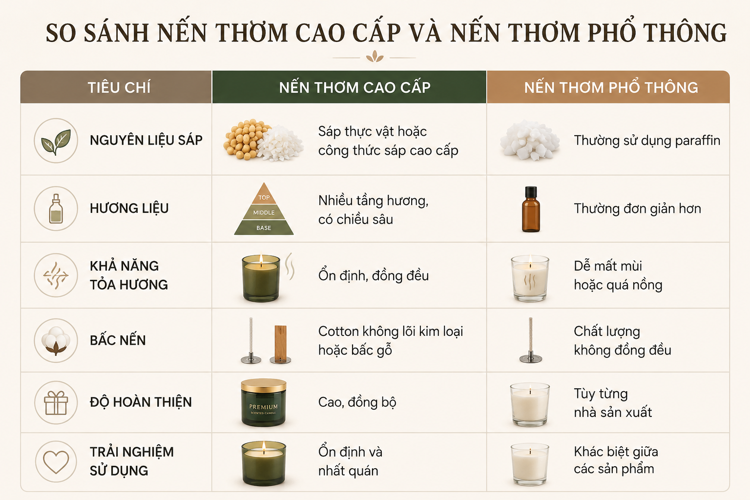 Bảng so sánh nến thơm cao cấp và nến thơm phổ thông